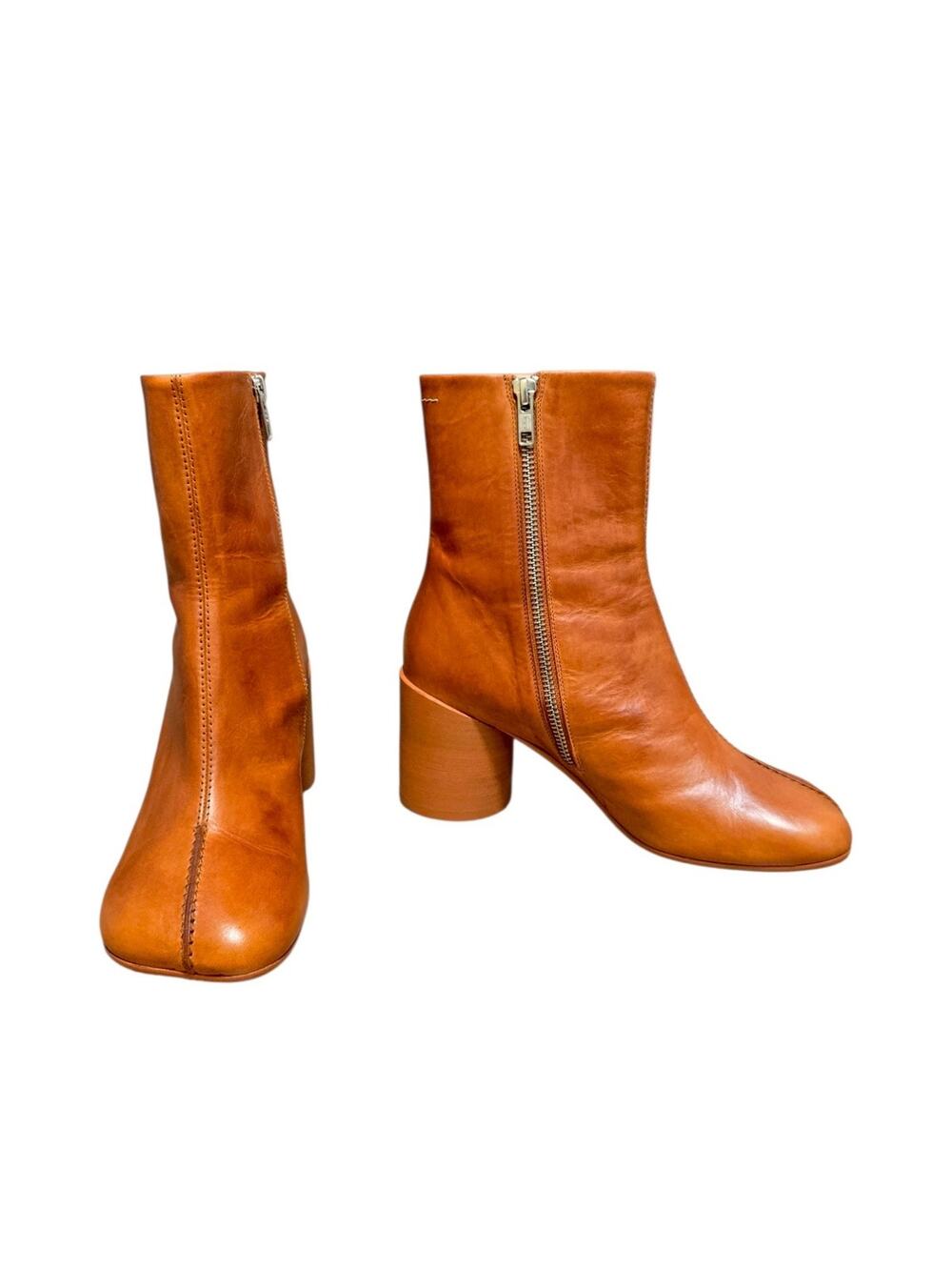 Maison Margiela MM6 Classic Toe Anatomical Distressed Brown Leather Zip Up Boots